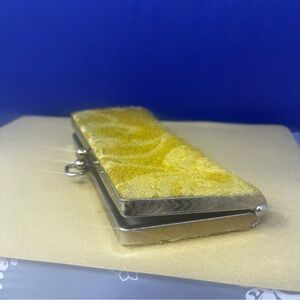 MCM Golden chartreuse fabric ornate damask metal frame Eye glass case